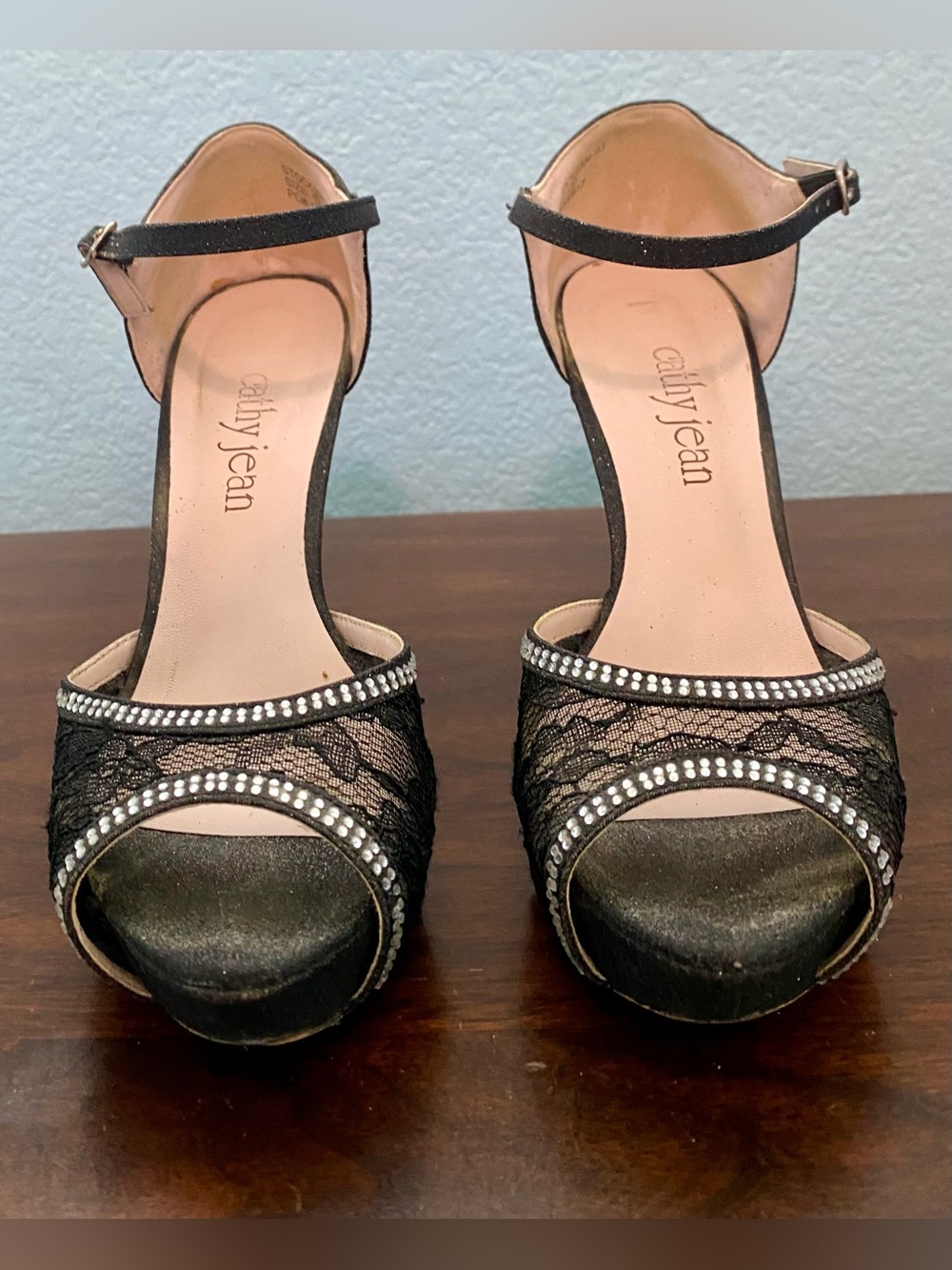 Cathy Jean Black Lace Open-Toe Ankle-Strap Heels with Rhinestones